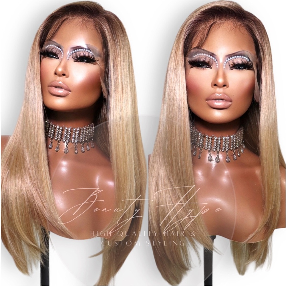 Lace Frontal Straight Long Dark Blonde Medium Brown Root 4 Synthetic Wig